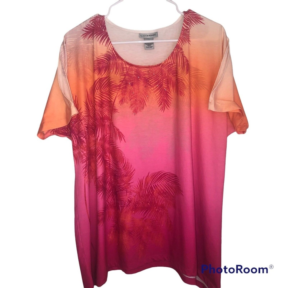 Catherine's Sunset Palm Tree Embellished Keyhole Sleeve Top Y24